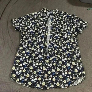 Denim & Flower Mens Shirt S Regular Fit Button Front Short Sleeve Black Flowers